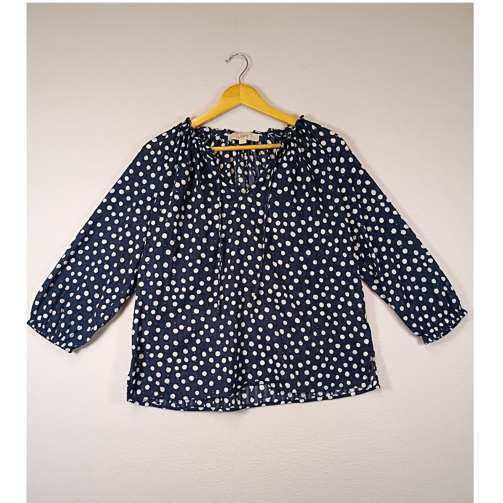 Classic Polka Dot LOFT Women Small Navy Blue 3/4‎ Sleeve Dobby Cotton Blouse